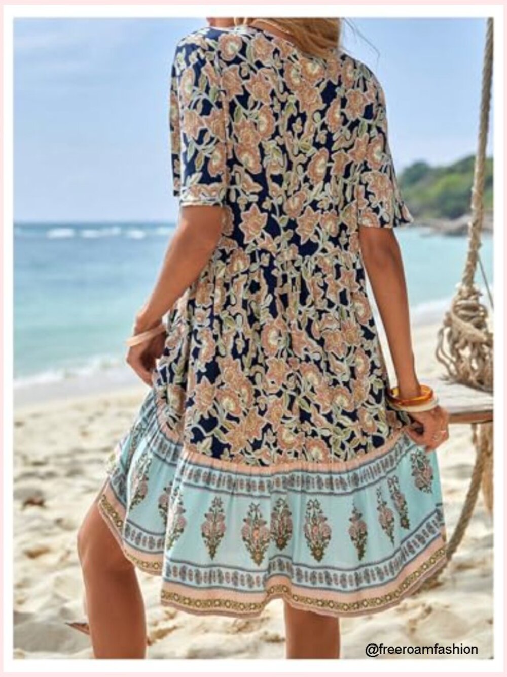 Short Sleeve V Neck Tie Front Babydoll Flowy Ruffle Summer Beach Dress - Picture 2 of 5